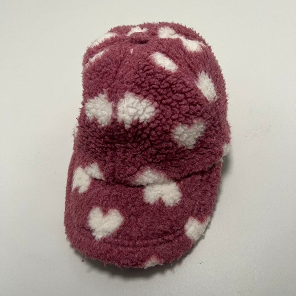 Old Navy Sherpa Fuzzy Rose Blush Pink/White Heart Print Adjustable Baseball Cap